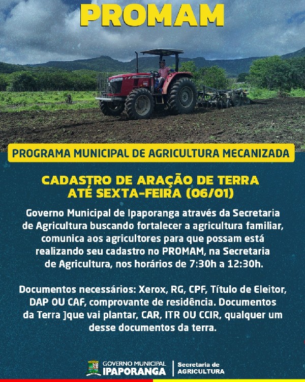 Comunicado da Secretaria de Agricultura de Ipaporanga sobre o Pronam