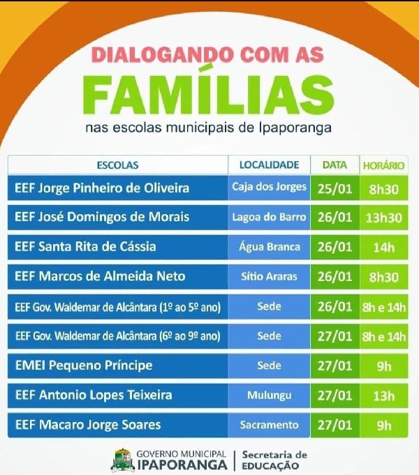 Cronograma de atividades do evento "Dialogando com as famílias"